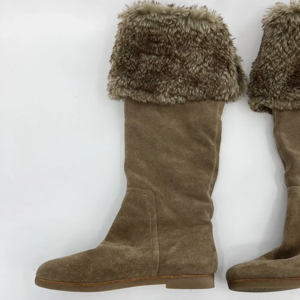 Sam Edelman Size 7 Orlando Over The Knee Boots Tan Taupe Suede Faux Fur Cuff